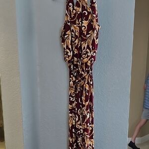 Thalia Medium Elegant Burgundy and Gold Patterned Jumpsuit